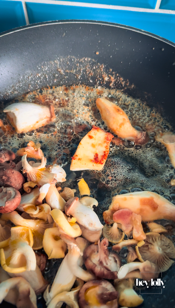 Mushrooms deeply caramelised to a rich bronze with scattered thyme leaves.