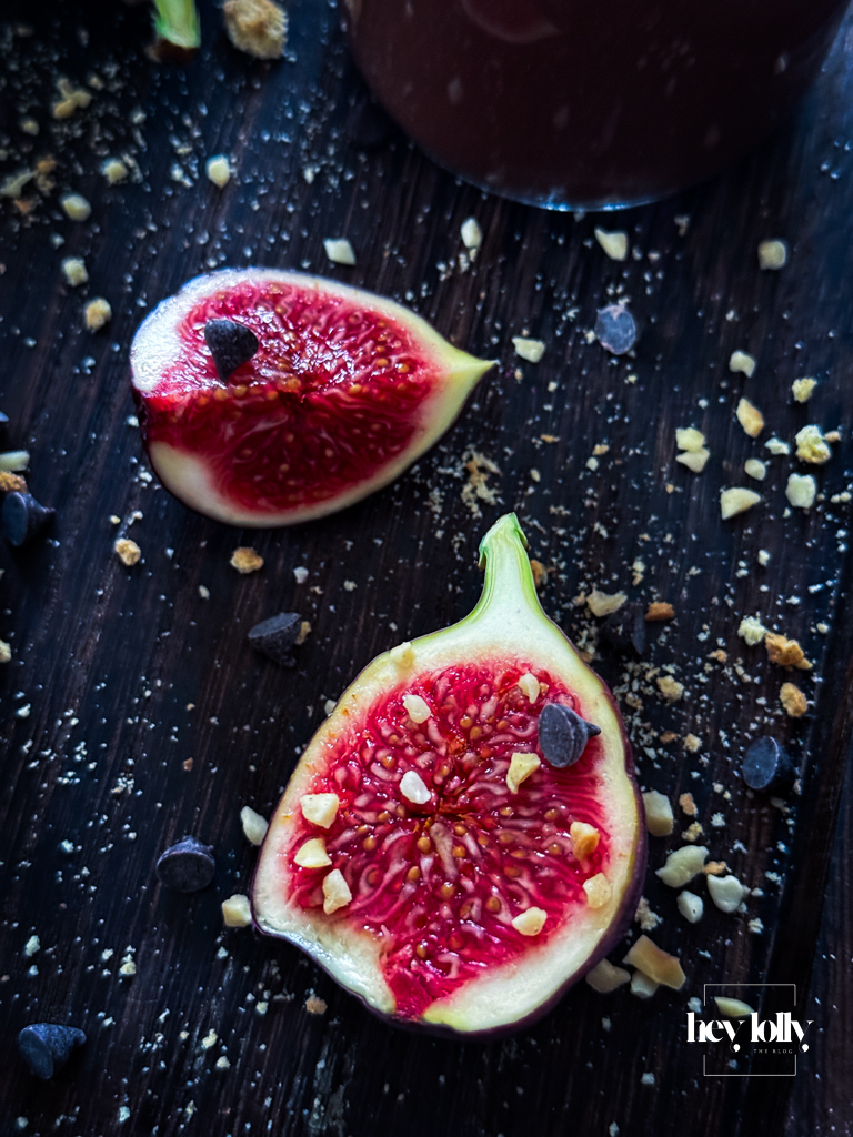 close up shot of cut figs for salted caramel chocolate pots