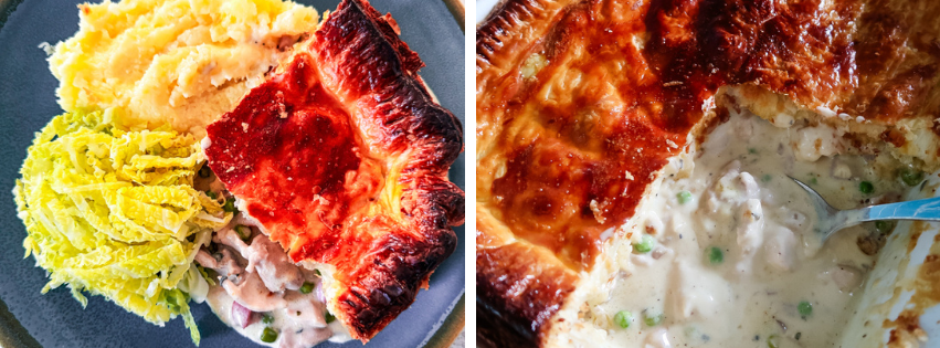 chicken pea and pancetta puff pastry pie