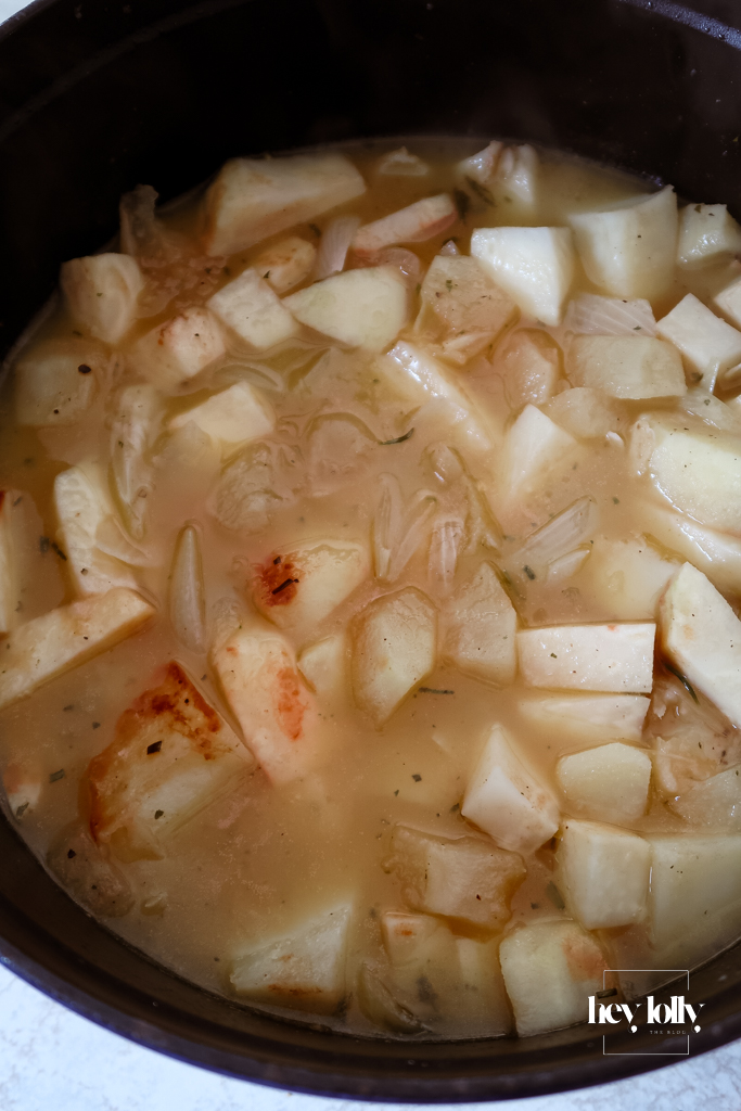 Celeriac, potato and Bramley apple tossed through buttery onions.