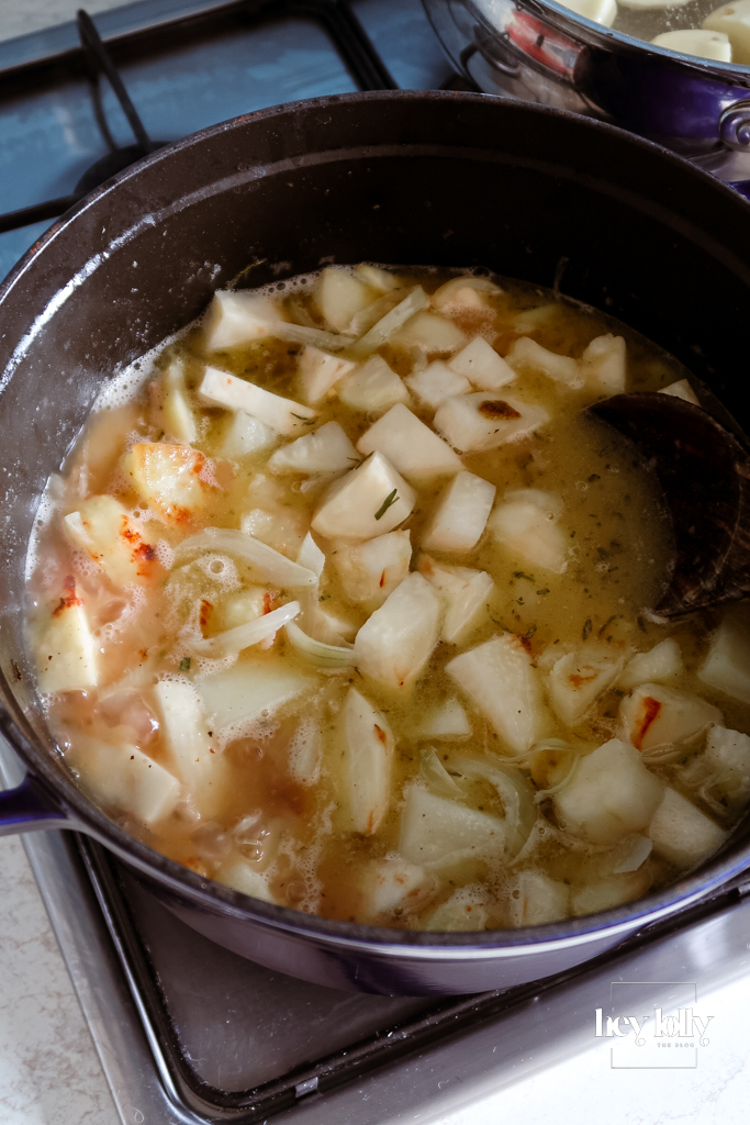 Celeriac, potato and Bramley apple tossed through buttery onions.