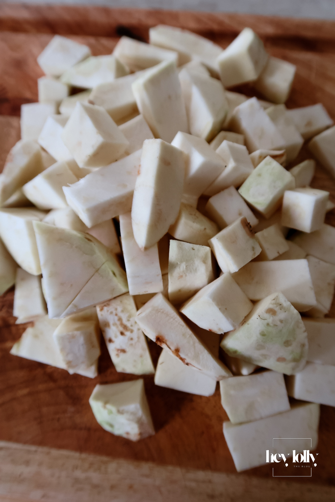 Diced celeriac ready for celeriac and Bramley apple soup.
