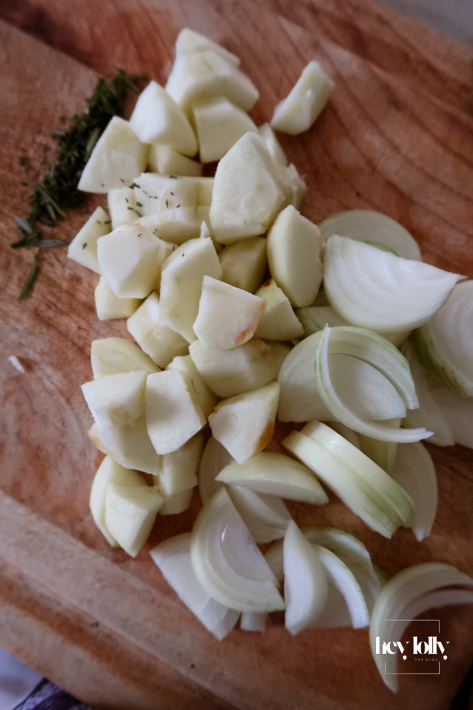 Chopped Bramley apple to add tartness to the soup.