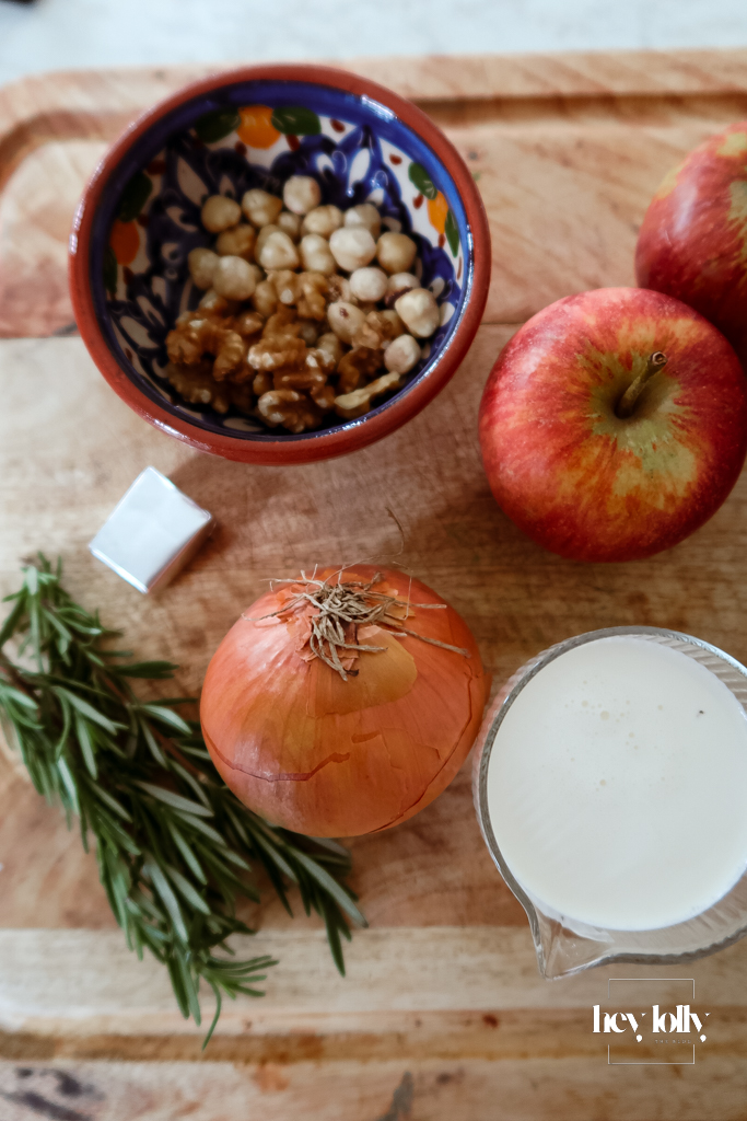 ngredients for celeriac and Bramley apple soup: celeriac, Bramley, onion, potato, butter, herbs.