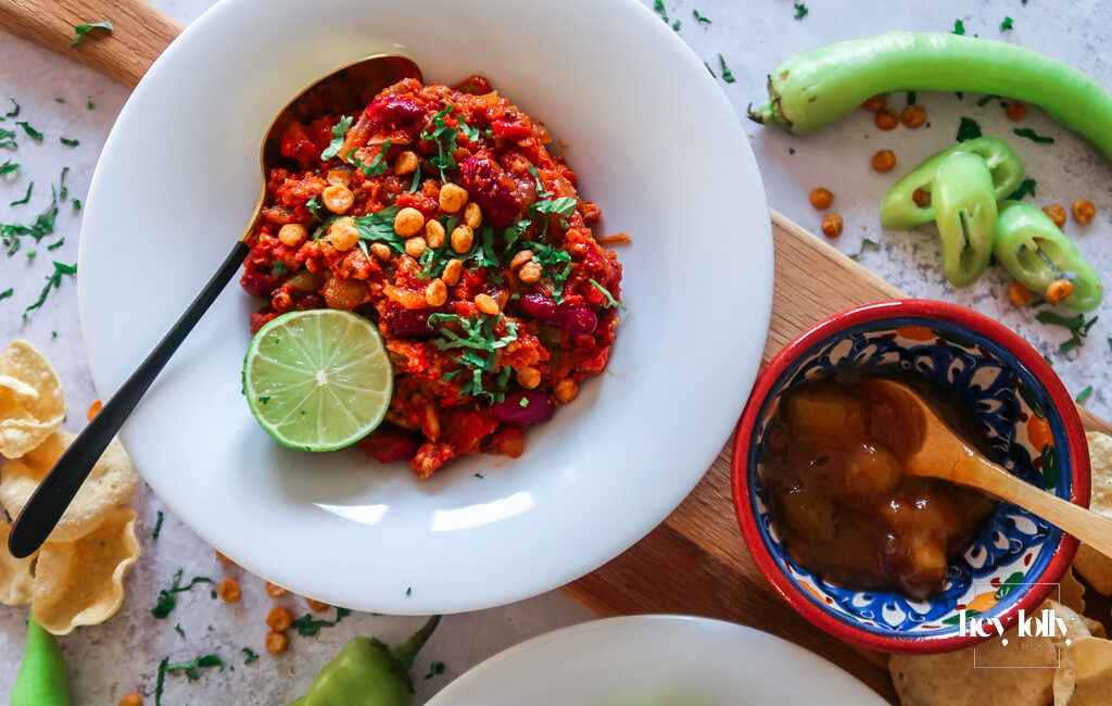 overhead shot of chicken and kidney bean keema