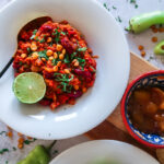 overhead shot of chicken and kidney bean keema