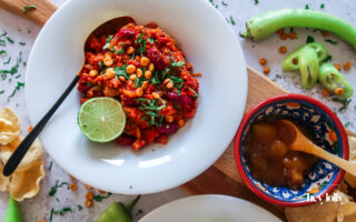 overhead shot of chicken and kidney bean keema