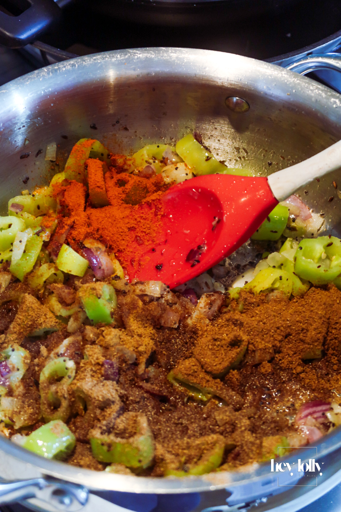 Ground spices sprinkled into the pan before making the chicken and kidney bean keema