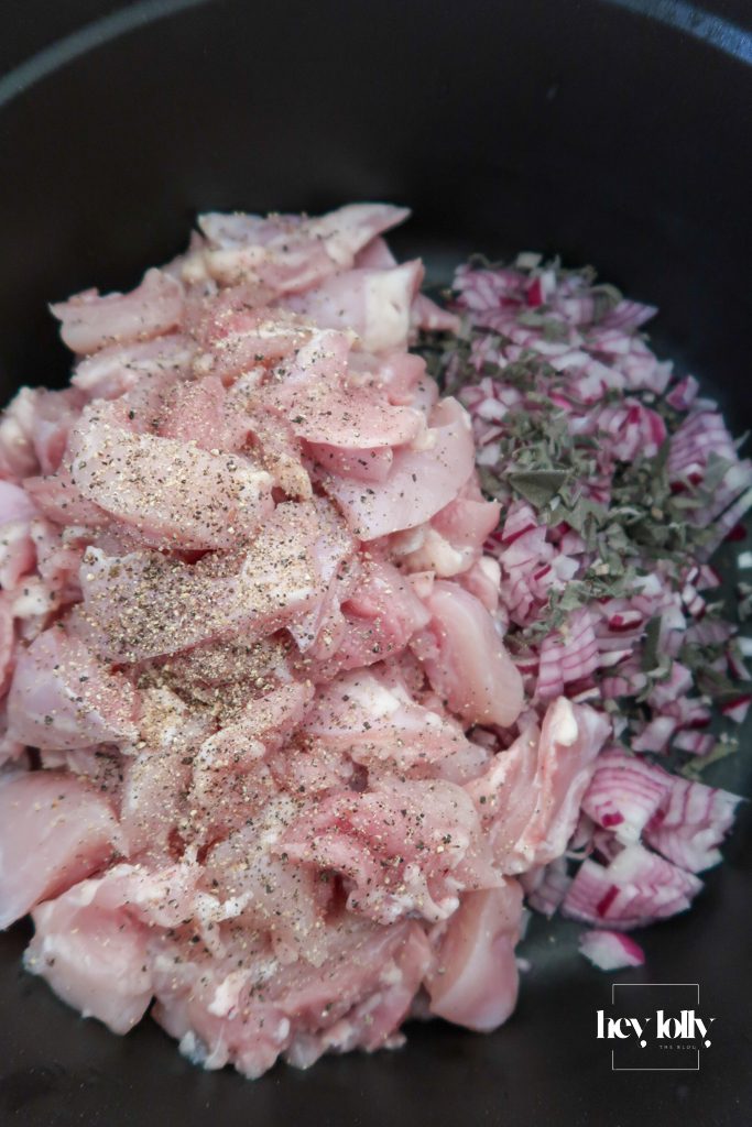 Raw chicken thighs, pancetta, peas, puff pastry and Dijon for chicken, pea and pancetta pie