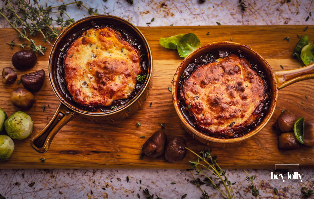 over head shot of herby chesnut and cheddar beef cobbler