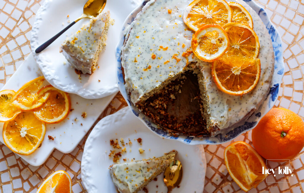 overhead shot of orange and poppy seed cake