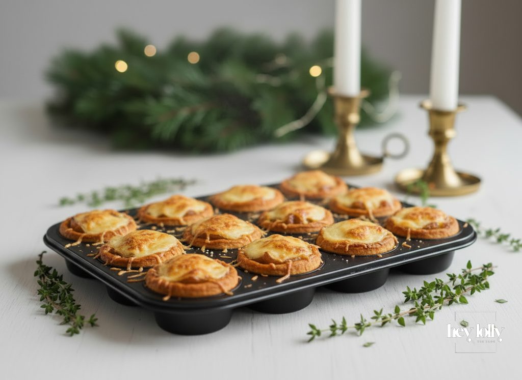 Baked caramelised onion and Gruyère mini tartlets in a muffin tin with golden, melted cheese tops.