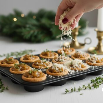 Sprinkling grated Gruyère over onion-filled tartlet cases to make caramelised onion and Gruyère mini tartlets.