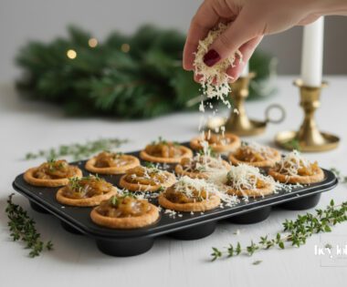 Sprinkling grated Gruyère over onion-filled tartlet cases to make caramelised onion and Gruyère mini tartlets.
