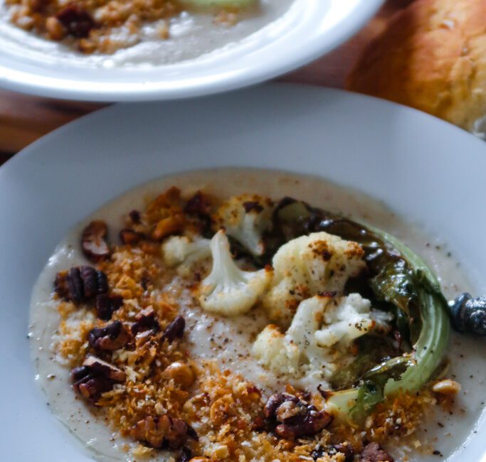 Overhead shot of cauliflower and white bean soup