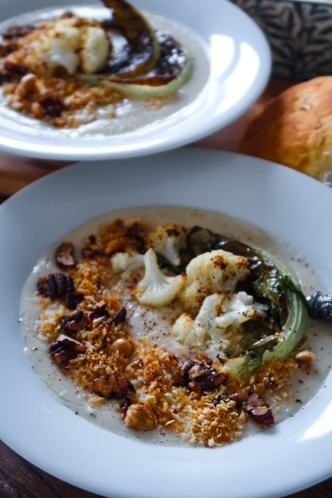 Overhead shot of cauliflower and white bean soup