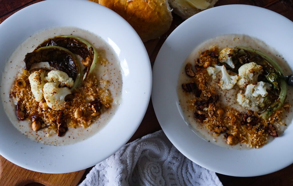 overhead shot of Cauliflower and White Bean Soup