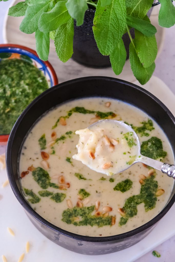 Creamy white bean and orzo soup with kale pesto, overhead in a white bowl