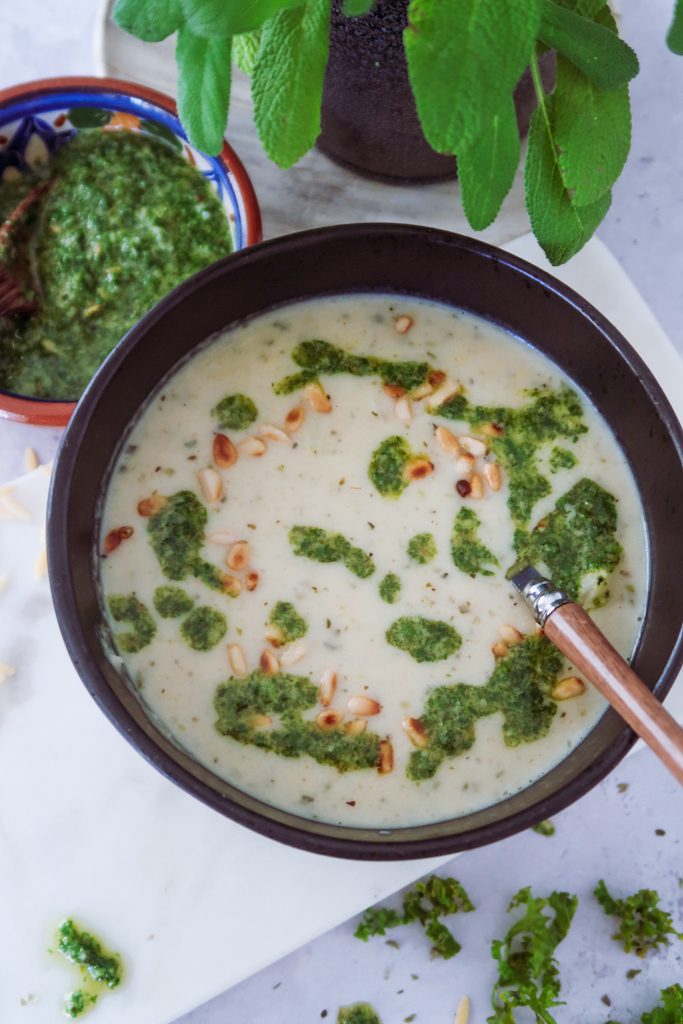 Creamy white bean and orzo soup with kale pesto, overhead in a white bowl