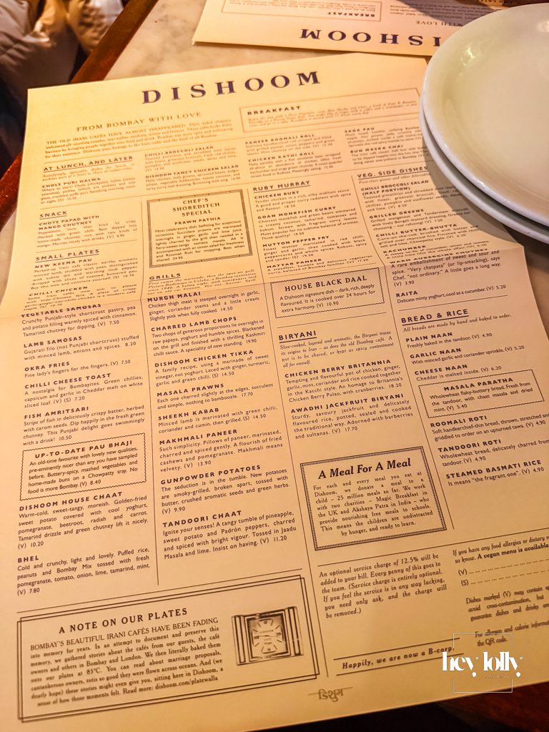 menu choices at Dishoom Shoreditch