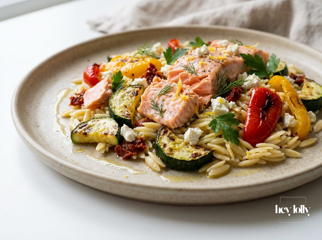 Greek Salmon and Orzo Salad with Charred Peppers, Roasted Courgettes & Feta