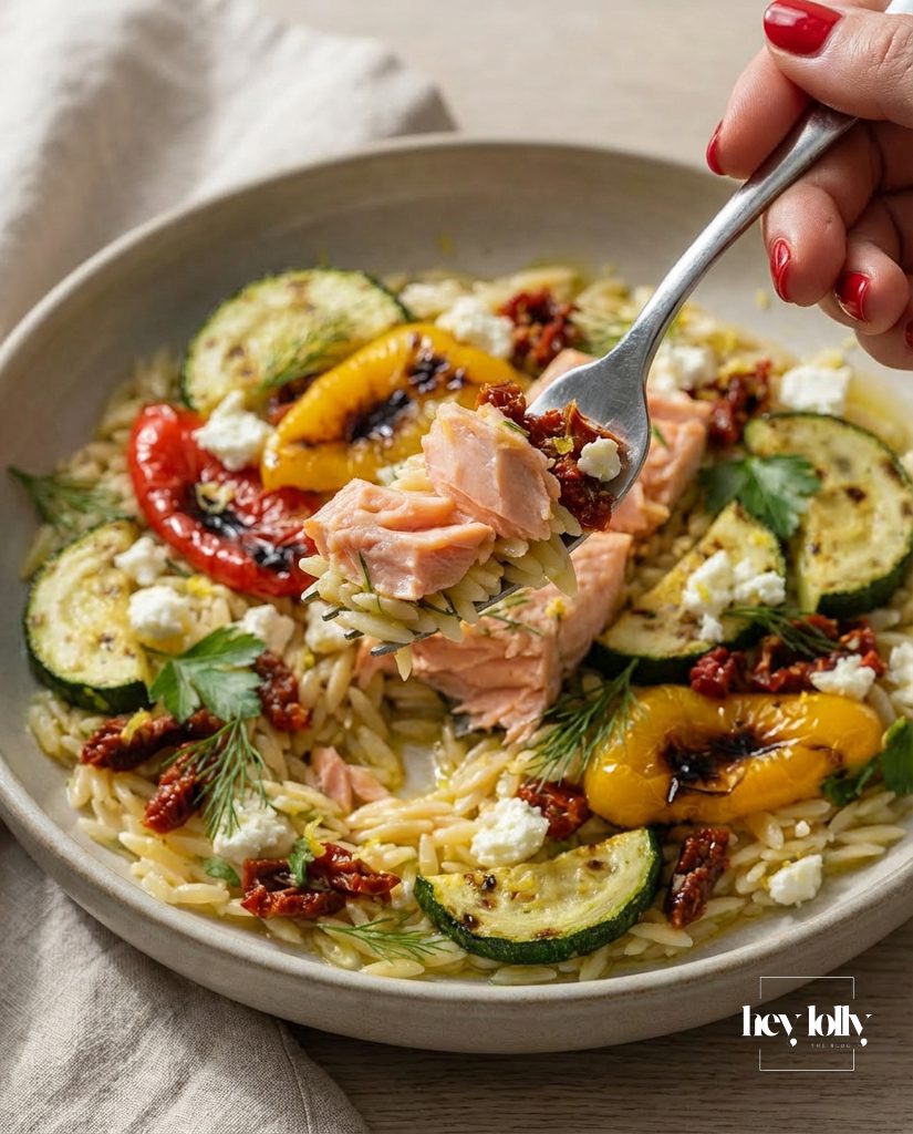 Greek-style salmon with orzo, herbs and citrus, balanced flexitarian recipes for home cooking.