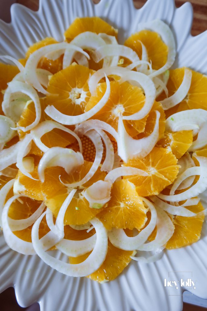 Close-up of orange fennel chickpea salad showing crispy chickpeas and juicy orange segments