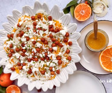 overhead shot of orange, fennal and crispy chickpea salad with feta