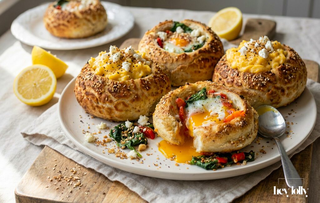 oven baked eggs in tiger buns with spinach feta and dukkah