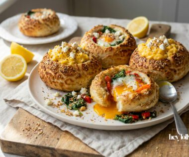 oven baked eggs in tiger buns with spinach feta and dukkah