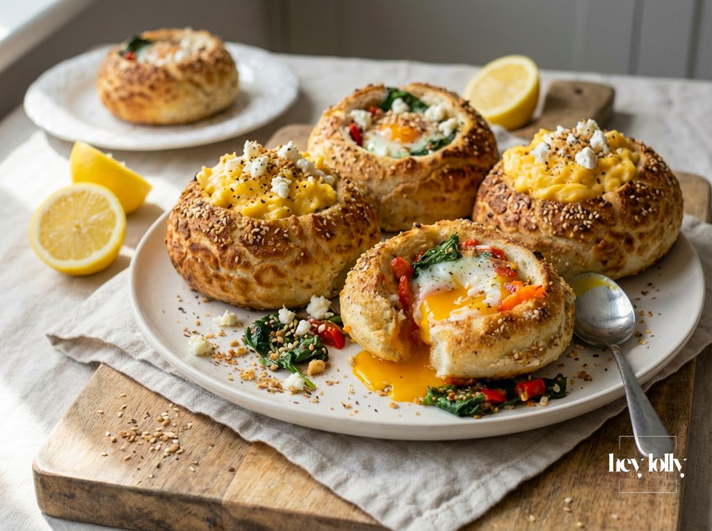 Oven Baked Eggs with Feta and Spinach in Dukkah Tiger Buns