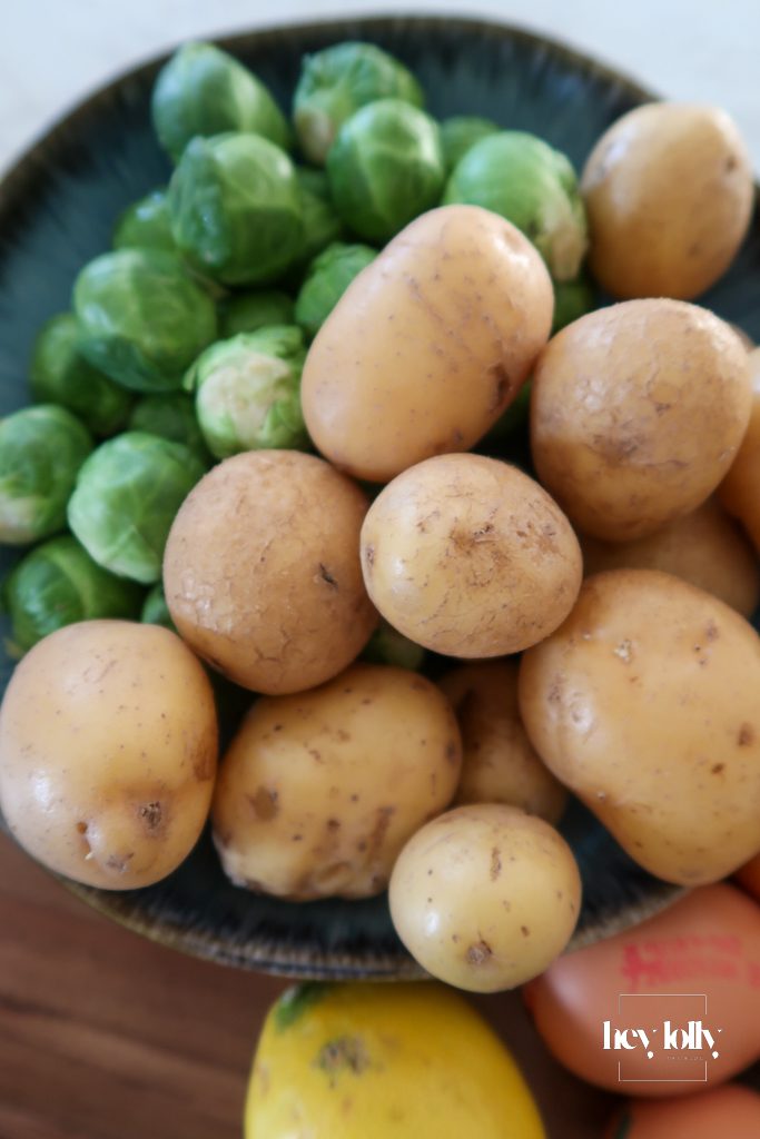 potatoes and brussel sprouts for spiced harissa potato hash