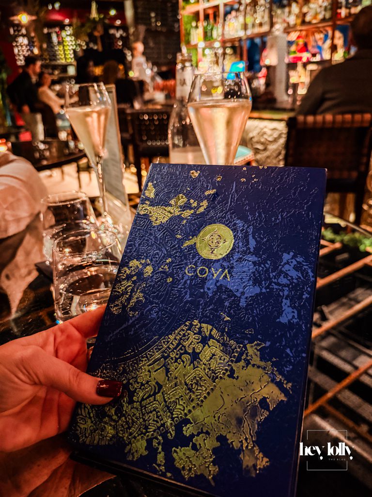 Cocktail menu at the COYA City bar during evening bottomless brunch