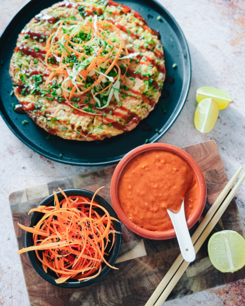 Cabbage okonomiyaki pancakes with gochujang, a savoury Japanese-inspired flexitarian recipes