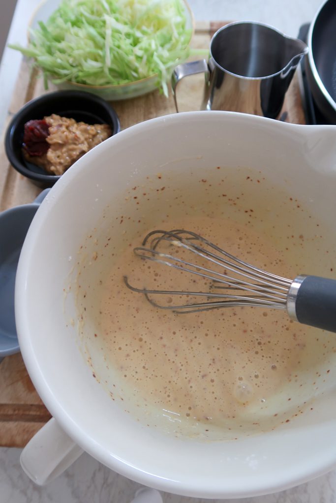 batter for okonomiyaki pancake with peanut dipping sauce