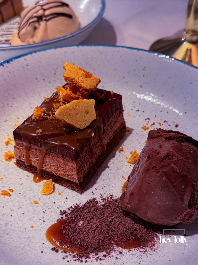 Dark chocolate honeycomb torte served in the hotel restaurant