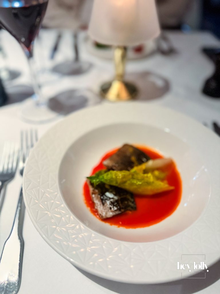 Torched mackerel escabeche starter with grilled baby gem and spiced mayo