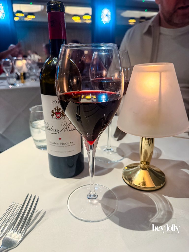 Lebanese red wine served during fine dining experience