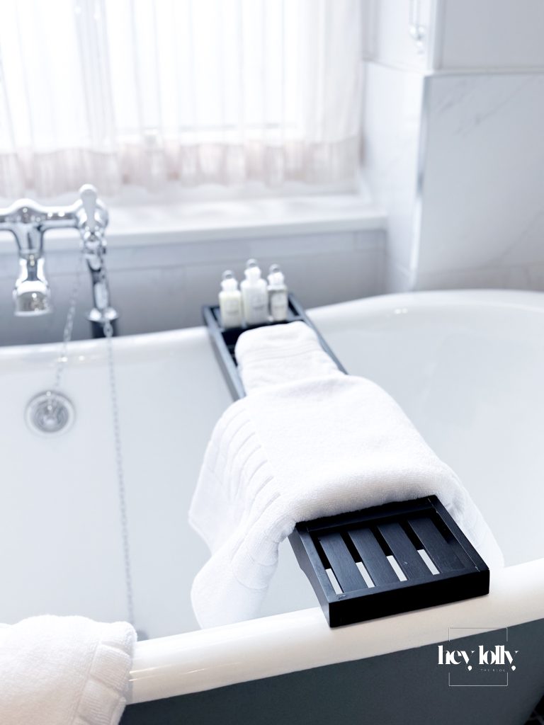 Penhaligon’s toiletries and Elemis bath products in Buxton Crescent Spa Hotel suite