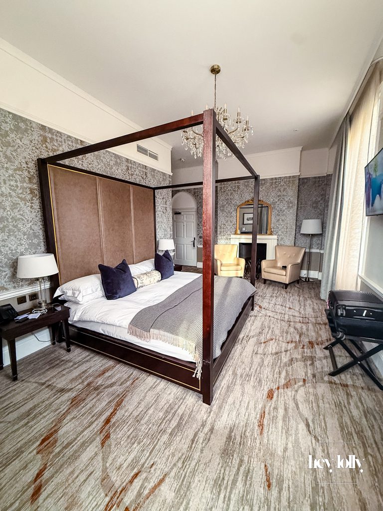 Elegant bedroom in Buxton Crescent Spa Hotel junior suite with emperor bed