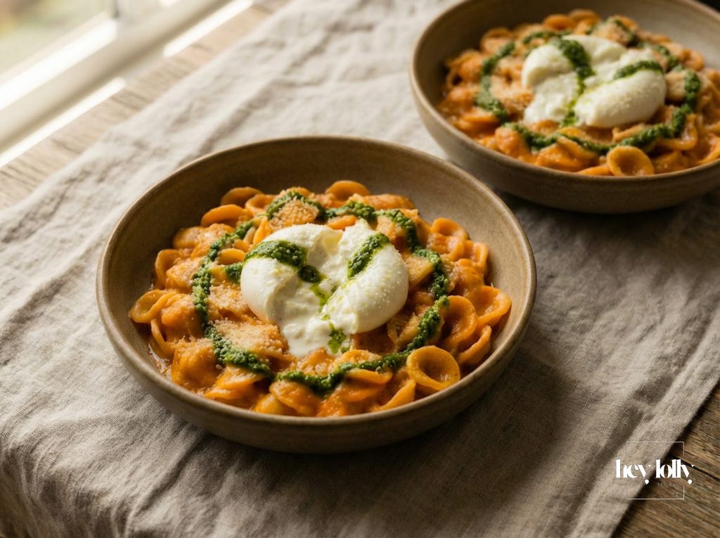 Pasta Alla Vodka. Orecchiette with Burrata & Basil Pesto.