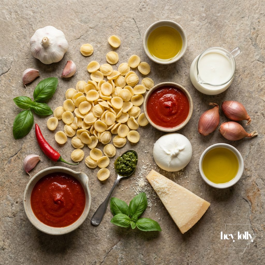 flatlay overhead shot of ingredients for pasta alla vodka