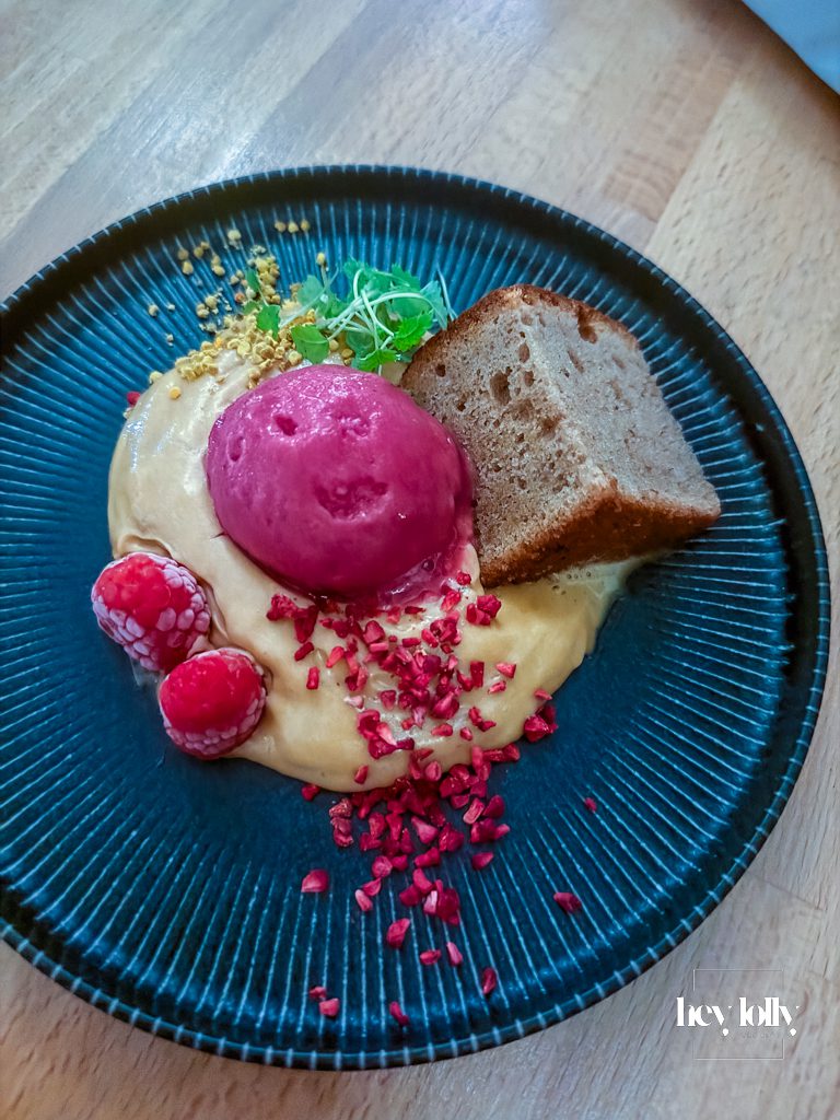 Earl Grey sponge with white chocolate, raspberry and sorrel sorbet at Skein Nottingham