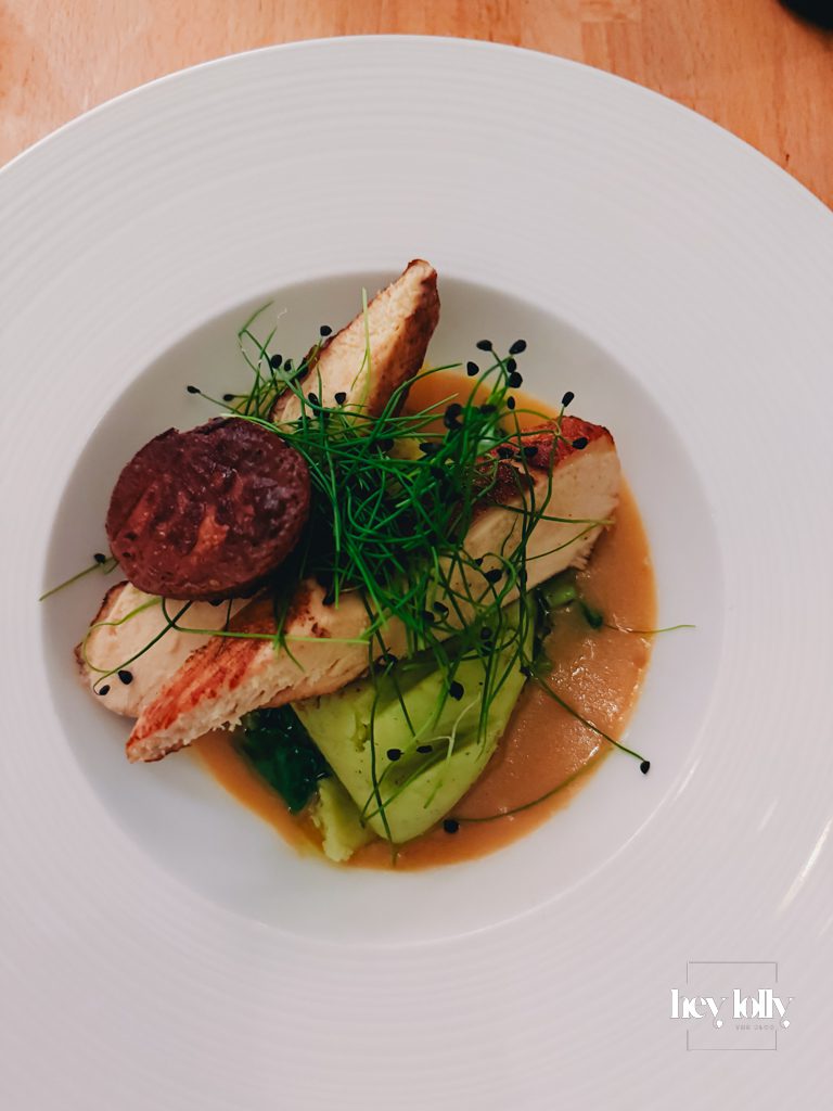 Miso chicken with chive pomme purée, sautéed cabbage and ethical foie gras at Skein Nottingham