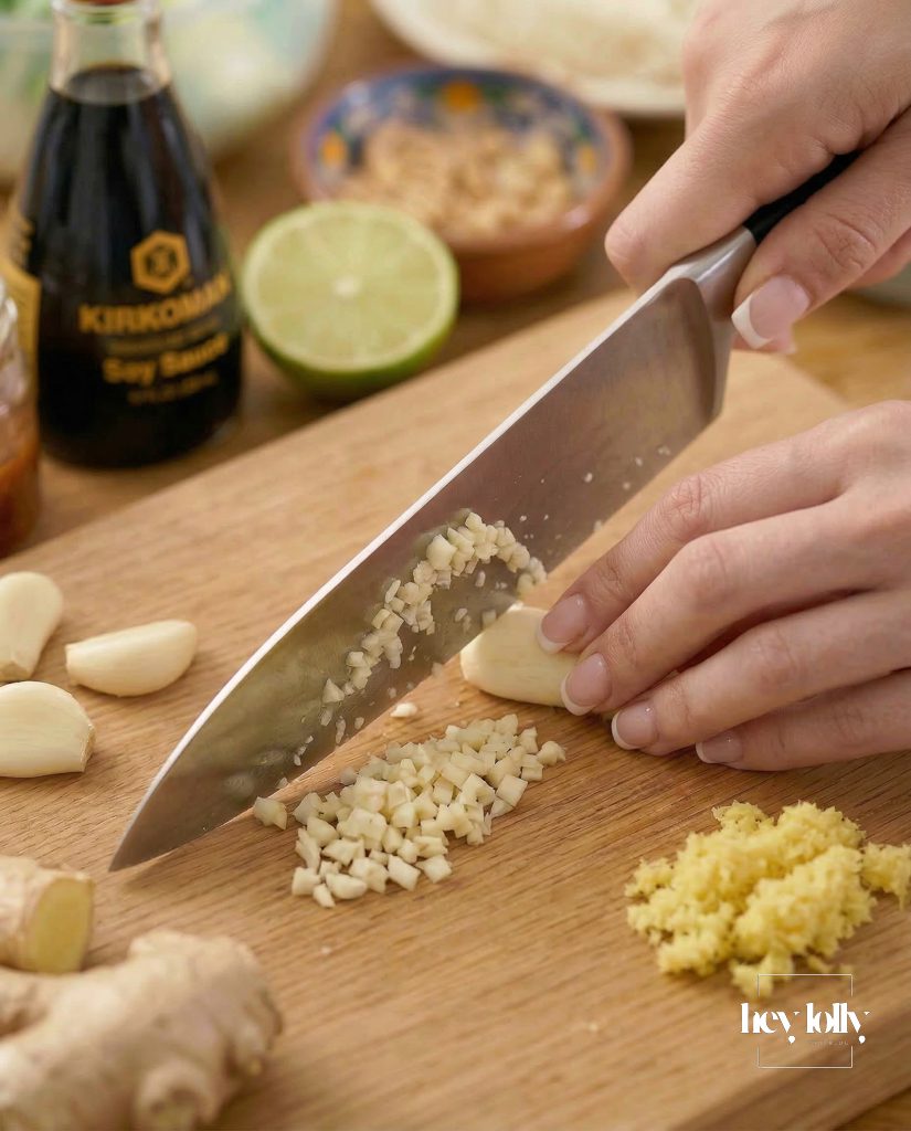 Minced garlic and fresh ginger being chopped on a wooden board for sticky yuzu gochujang cod noodle bowl.