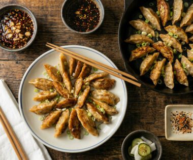 homemade asian potstickers with chilli dippiing sauce