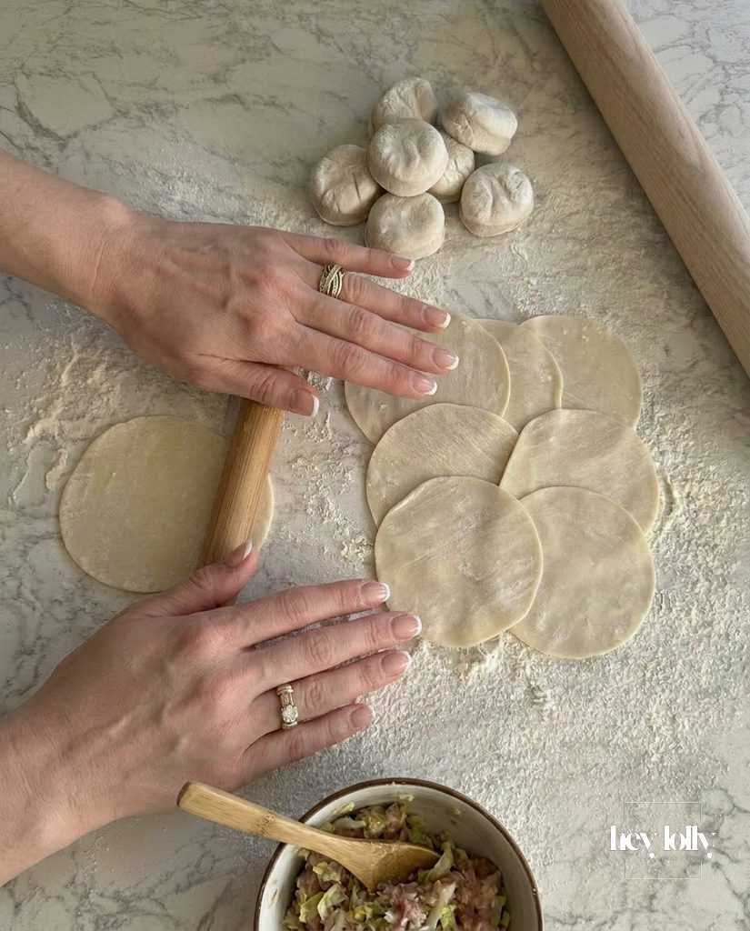 Round dumpling wrapper ready to be filled for homemade Asian potstickers