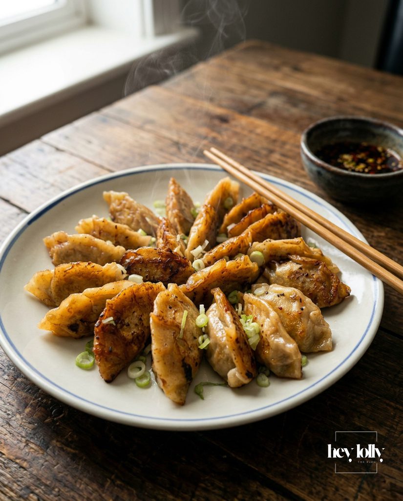 Close-up of crispy Asian potstickers with golden caramelised bottoms and soft pleated wrappers