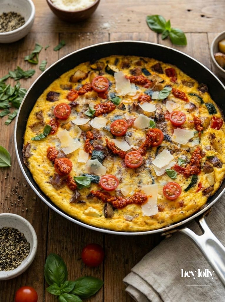 fridge raid frittata in frying pan on rustic wooden table with golden edges