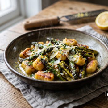 overhead shot Crispy Gnocchi with Lemon Tarragon Butter